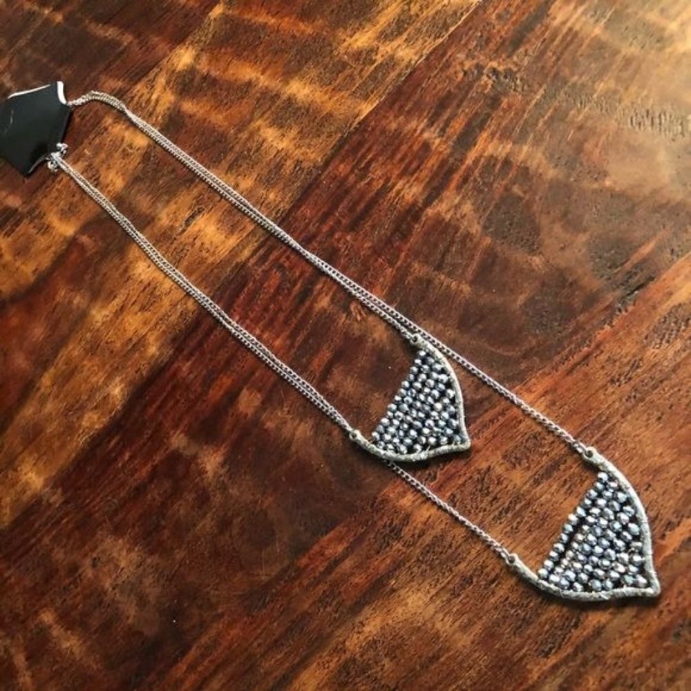Long Brutalist Style Necklace Silver Iridescent Beads